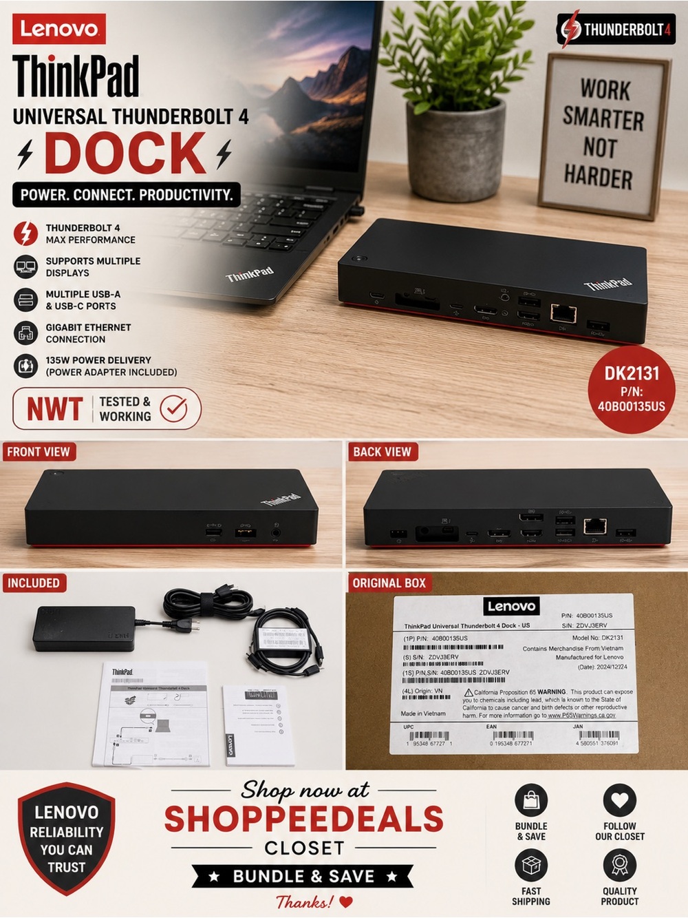 Lenovo ThinkPad Universal Thunderbolt 4 Dock – – Model DK2131 – P/N 40B00135SUS